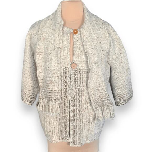 Vintage Shepherds Harvest Wool Cardigan Oatmeal Knit Fringe Scarf Jacket Large - Picture 11 of 12